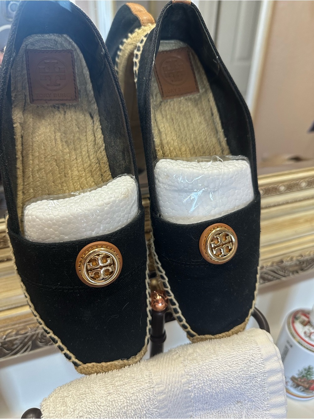 Tory Burch Black Canvas Espadrille Loafers with Gold Logo Medallion